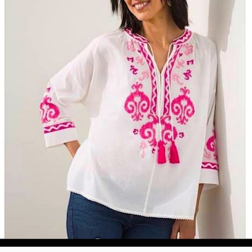 Chico's White Blouse with Pink Embroidery